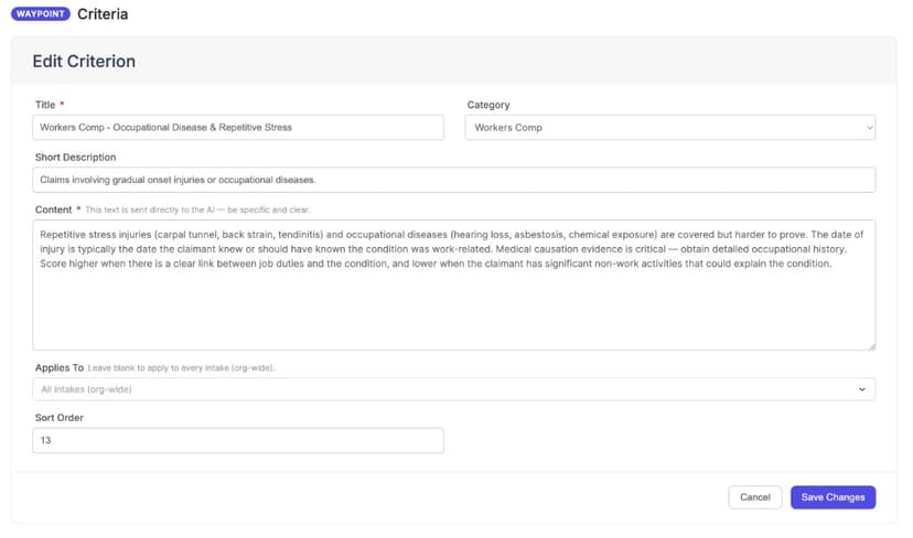 Waypoint criterion editor