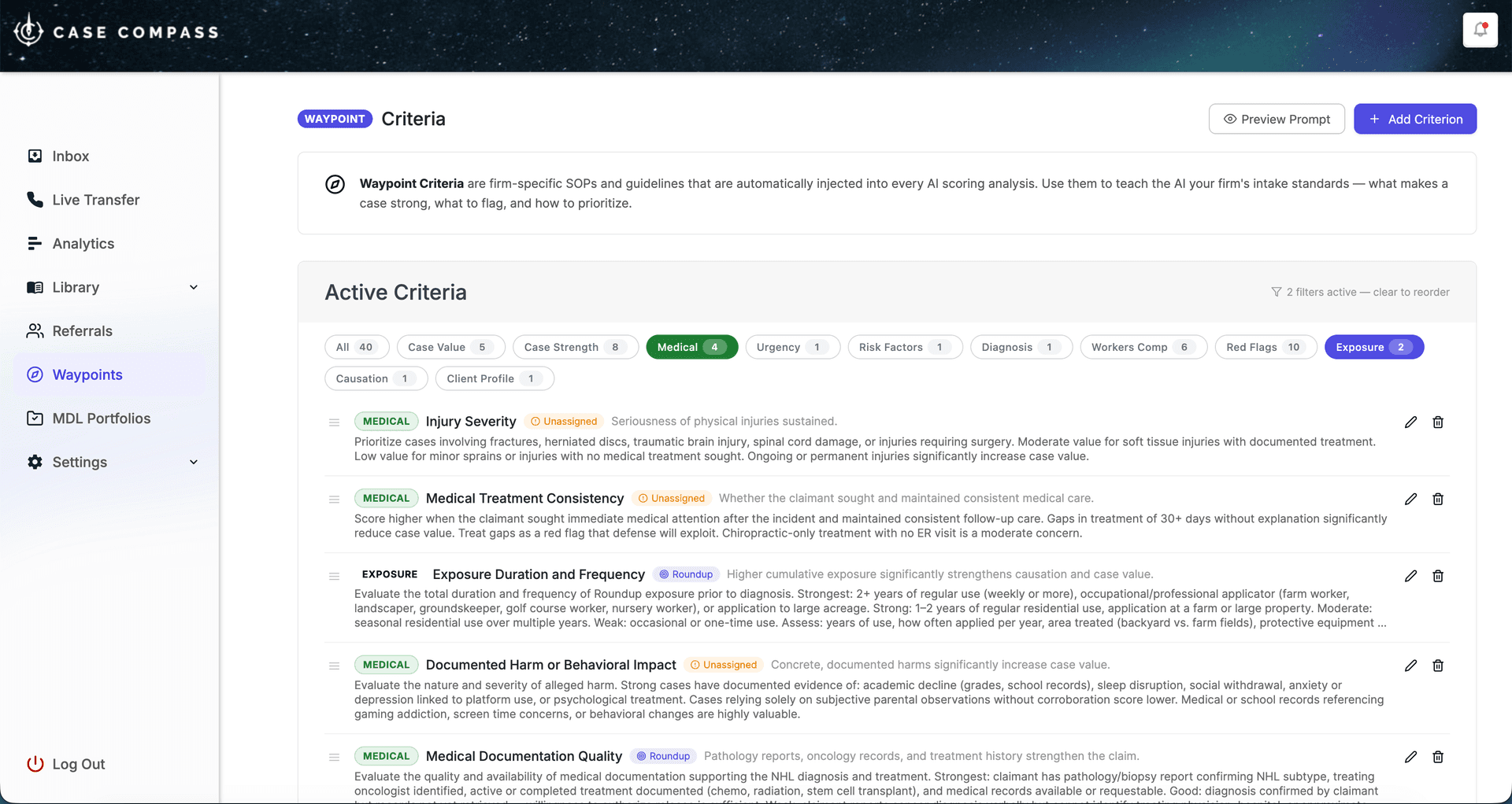 Waypoint criteria list